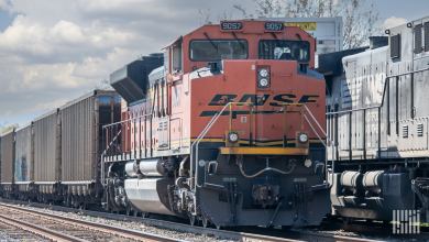 Image shows locomotives, freight trains, railroad tracks