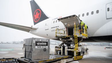 A black-tailed jet with red Canadian maple leaf is loaded with a container on a snowy day.