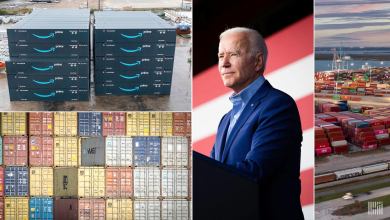 Image shows shipping containers and President Joe Biden