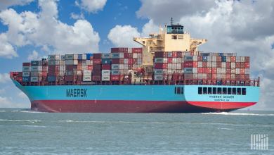 Image shows Maersk container ship in the ocean.
