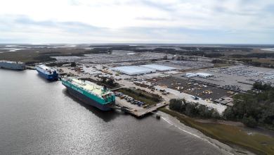 Images shows three ro/ro ships, harbor, and parking lots.