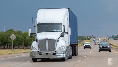 A white sleeper cab pulling a blue ocean container on a highway