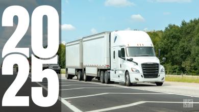 a 2025 banner on the left with a white tractor pulling two LTL trailers on a highway