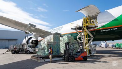 Cargo is ready to be loaded on a large aircraft using a hydraulic lift.