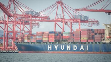 A Hyundai container ship at the Port of Los Angeles