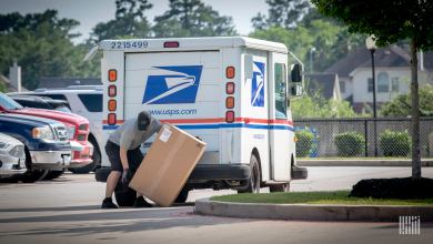 A mail carrier is seen lifting a big package after unloading it from his truck.
