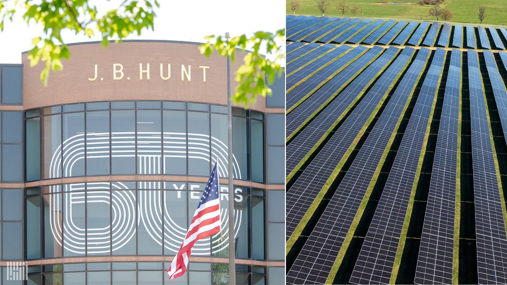 Spilt screen of JB Hunt headquarters in Lowell, Arkansas and new solar farm in Gentry, Arkansas