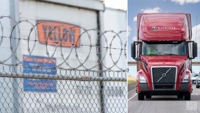 Split screen with parked Yellow trailers along barbed wire fence and front view of maroon Knight tractor