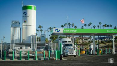 A truck at a clean energy fueling station