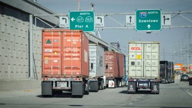 Trucks with containers near the Port of Los Angeles