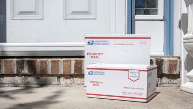 U.S. Postal Service packages sitting on a doorstep.