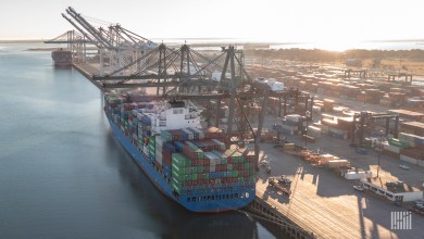 A loaded ocean container ship at port