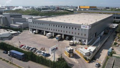 Aerial view of a large Ceva Logistics warehouse with trucks around it.