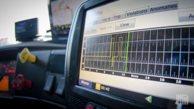 Electronic logging device in truck.