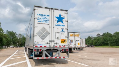 A Landstar trailer at a truck stop parking lot