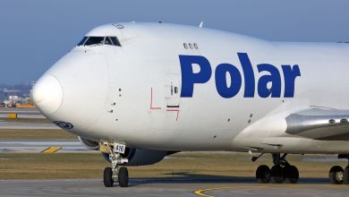 Close up front view of a Polar Air Cargo jumbo jet, lettering in navy blue.