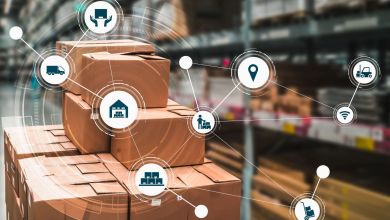 Boxes in a warehouse with overlay of icons related to logistics.