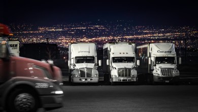 trucks at rest stop at night