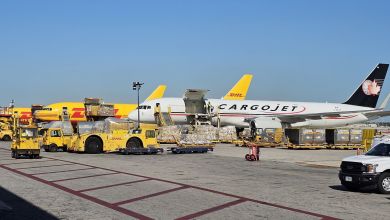 Yellow DHL cargo jets and a Cargojet with blue tail are parked at an airport terminal on a sunny day.
