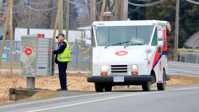 A Canada Post mail carrier makes a stop at a letter box. White van with red lettering.