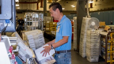 A male U.S. Postal Service worker in a blue shirt moves letter bins at a processing center.