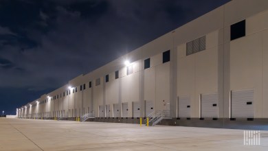A nighttime view of empty loading docks at a warehouse