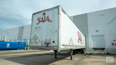 a white Saia trailer at a warehouse