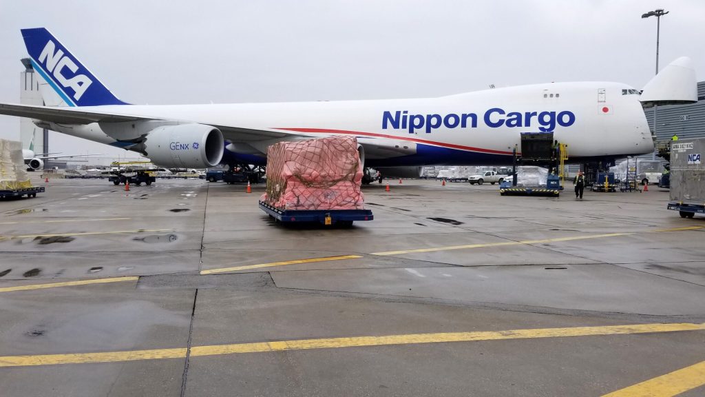 A Nippon Cargo Airlines jumbo jet freighter with its nose cone open at an airport, loading containers.