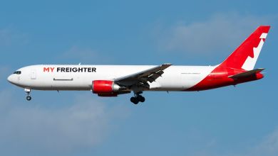 A red-tailed My Freighter jet approaches an airport.