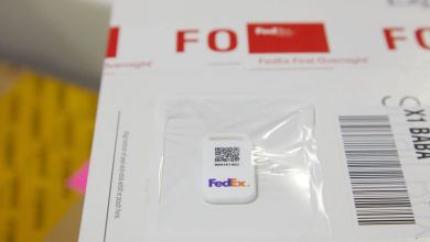 Close up of bar code on a FedEx package.