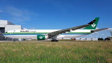 A Saudia Cargo plane with green accents. Viewed from side on tarmac with blue sky.