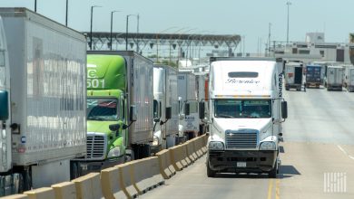 Images of trucks waiting in line for what appears to be a port of entry