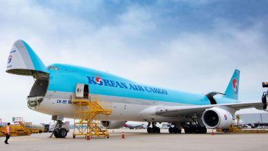 A powder-blue Korean Cargo jet with its nose cone raised.