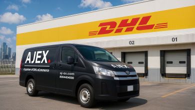 A black Ajex delivery van in front of a DHL delivery terminal in gold and red logo.