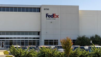 A FedEx Supply Chain warehouse, front entrance view.