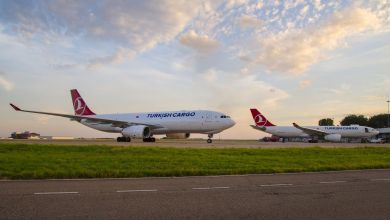 Red-and-white Turkish Cargo jets are parked at sunset.