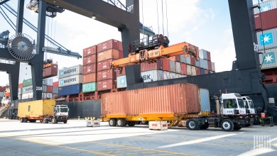 Yard trucks with chassis being loaded at a U.S. port