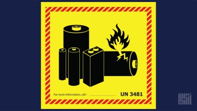Hazardous warning label for battery shipments, with yellow background.