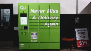A lime green GoLocker parcel vending machine in a parking garage.