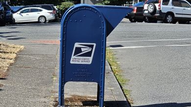 Side view of a blue USPS post box on a sidewalk.