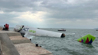 An AirACT cargo jet in the sea after crashing off the runway.