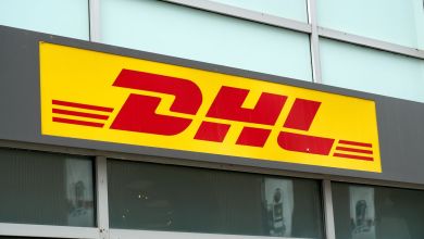 Yellow-and-red DHL sign