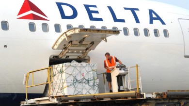 A Delta ramp agent loads cargo in the side door of an aircraft.