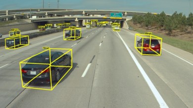 A highway scene from an autonomous vehicle's perspective, showing multiple cars and trucks ahead on a multi-lane interstate, each outlined in yellow 3D bounding boxes with estimated speeds labeled in mph, ranging from 53 to 96, under an overpass.