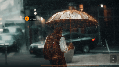 Teradar terahertz sensor delivers high-resolution point-cloud imaging of a pedestrian holding an umbrella in heavy rain at night, maintaining perfect clarity and detail despite dense precipitation; bounding box with real-time data shows pedestrian detection at 3.9 mph, 31 meters distance, 1.7 meters height, and wet surface conditions indicator