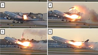 Flames erupt from engine as it separates from the wing of UPS jet, as seen in still frame photos.