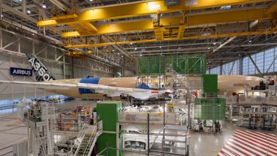 Inside an Airbus manufacturing hangar for the A350 freighter, as the plane gets built.