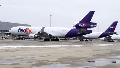 Purple-tailed FedEx cargo jets are parked at an airport terminal on a cloudy day.