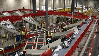 Chutes and ladders for packages moving in a conveyor system.