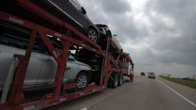 Closeup of a auto rack trailer on highway